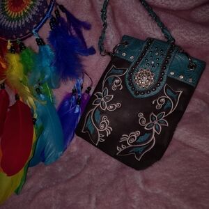 Elegant Black and Teal Embroidered Crossbody Bag